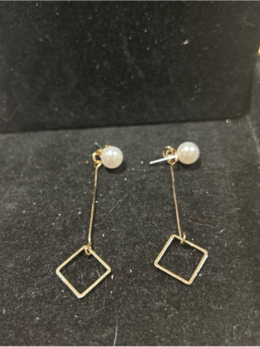 Gold color Square Drop faux Pearl Post Earrings - White Pearl